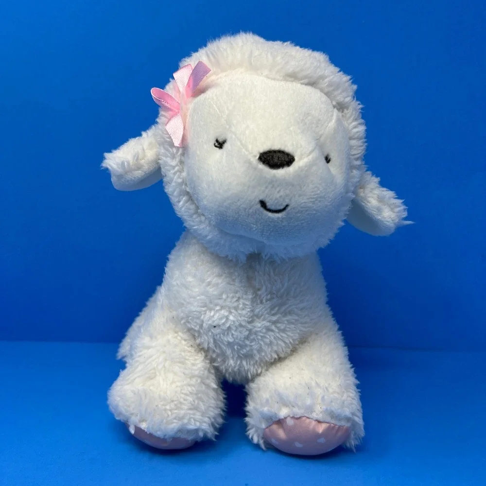 Carters Plush Lamb Small White Pink Bow Polka Dot Feet‎ Heart Patch Nursery Toy